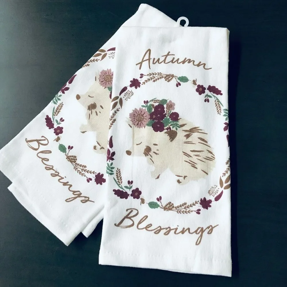 Fall Hedgehog Floral Wreath Woodlands Kitchen Towels Set